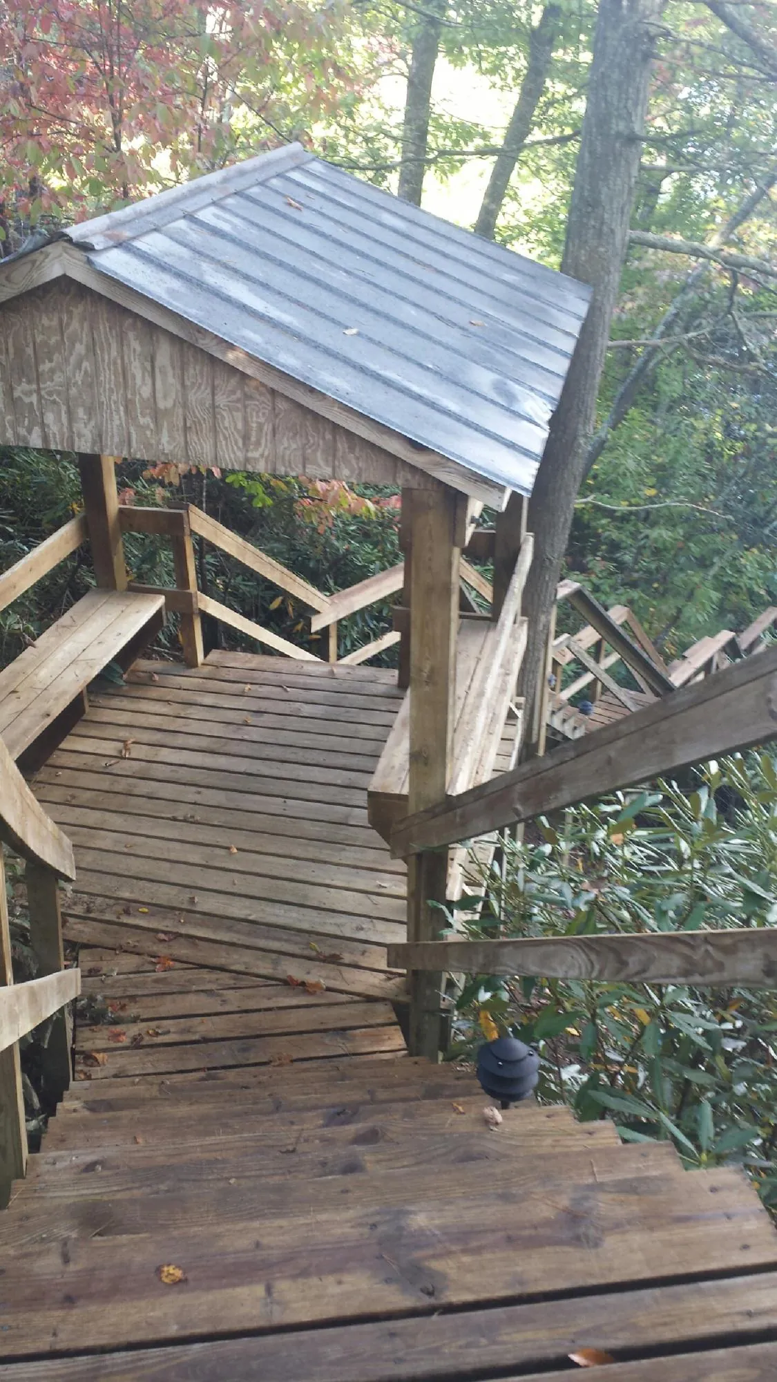 Metal roofed shelter over wooden steps on a wooded walkway — Skylight Repair & Installation work by our crew in Elkton